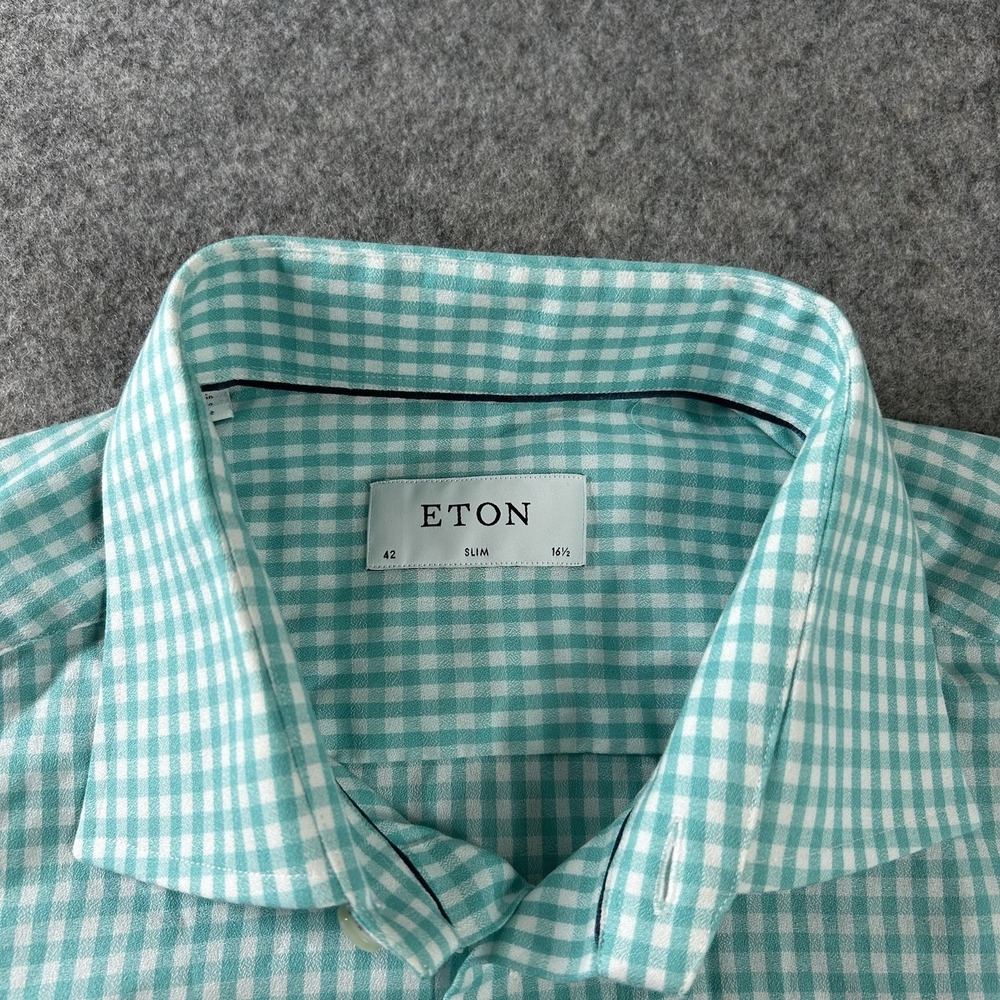 ETON Slim Fit Shirt Mens 42 16.5 Green Gingham Plaid Cotton Mitered Cuff - Picture 3 of 10